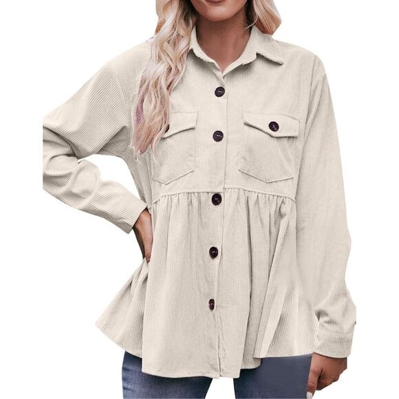 Amazon L cream corduroy long sleeve peplum button down shirt shacket - polyester - Picture 1 of 9
